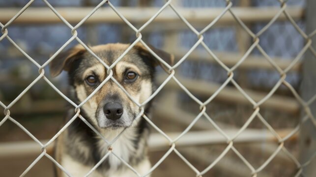 Homeless dog is looking at the camera through a chain link fence