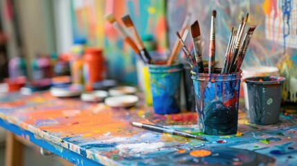 A table with many paint brushes and paint containers