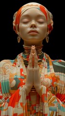 Serene prayer - spiritual african american woman sculpture:  Artistic depiction of an african american woman in ethnic: attire meditating with closed eyes and hands clasped in prayer