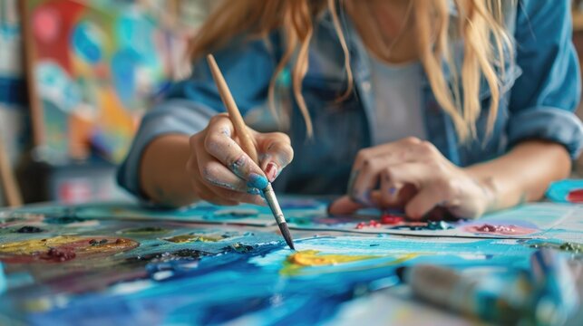 A woman is painting a picture with a brush