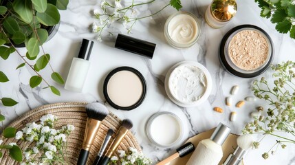 A table with a variety of makeup products and a basket of flowers - Powered by Adobe