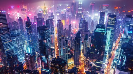 Fototapeta premium A city at night with neon lights and tall buildings