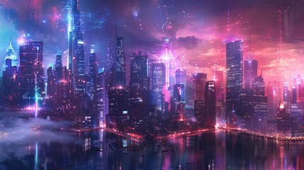 Obraz premium A cityscape with a purple sky and neon lights