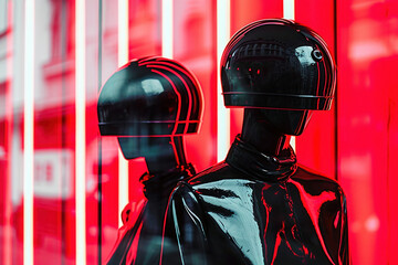 Two mannequins standing in front of a red and white striped wall with a red light shining from behind