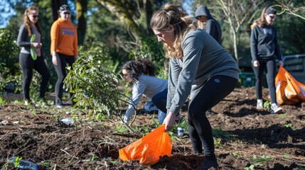 A group of people are working together to clean up a park