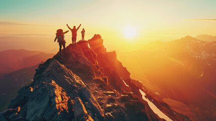 Fototapeta premium Male hiker celebrating success on top of a mountain in a majestic sunrise and Climbing group friends helping hike up .Teamwork, Helps,Success, winner and Leadership.