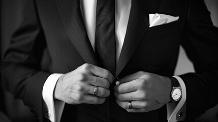 Man in suit fixing his cufflinks.