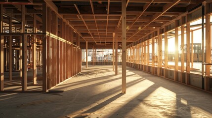 A large empty room with wooden beams and a sun shining through the windows