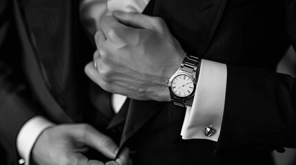 Man in suit fixing his cufflinks.