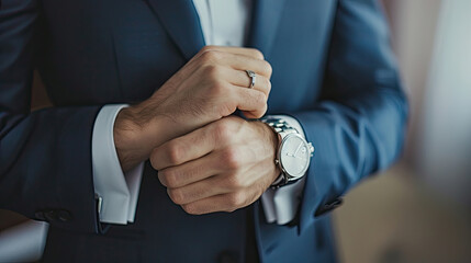 Man in suit fixing his cufflinks.