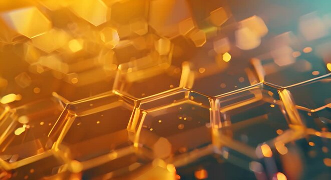 Close-up of hexagonal patterns on skin glowing with Vitamin C, on a softly blurred background