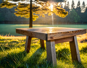 Naklejka premium wooden picnic table in the park