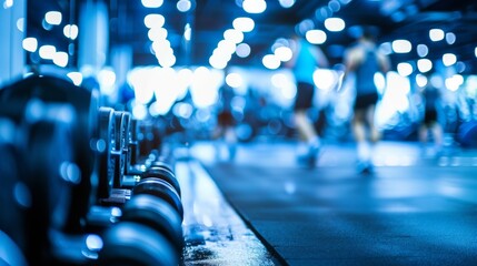 Blurred background of a weight room capturing the vibrant energy and determination of gymgoers...