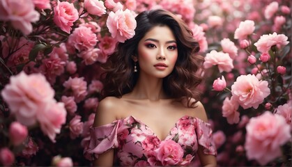 pink flowers background for asian beautiful happy woman on dress from Generative AI