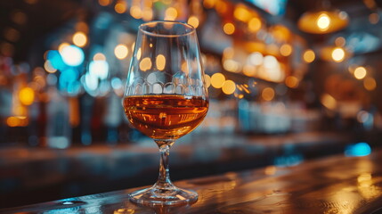 a glass of cognac on table in the bar