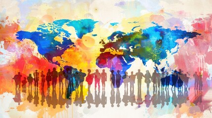 A colorful painting of a group of people holding hands in front of a globe