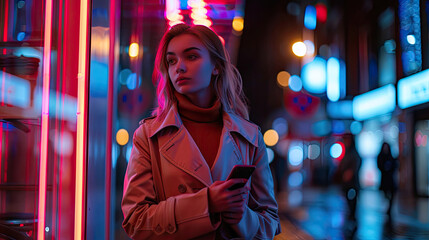 Obraz premium Portrait of a Beautiful Woman in Trench Coat Walking in a Modern City Street with Neon Lights at Night. Attractive Female Using Smartphone and Looking Around the Urban Cinematic Environment.