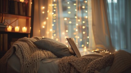 Soft defocused beams of light filter through curtains giving a whimsical touch to a cozy reading nook adorned with blankets and fairy lights. .