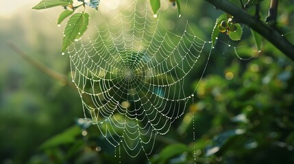 A dew-laden spiderweb, suspended in mid-air like a delicate work of art spun by nature's master weaver - obrazy, fototapety, plakaty