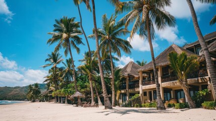 Beachfront resort hotel with palm trees  AI generated illustration