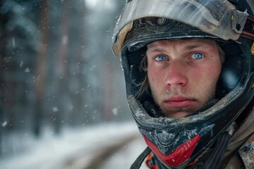 Man wearing helmet in snow