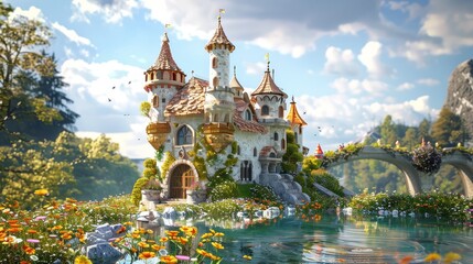 Construct a cute 3D render of a whimsical fairytale castle  AI generated illustration