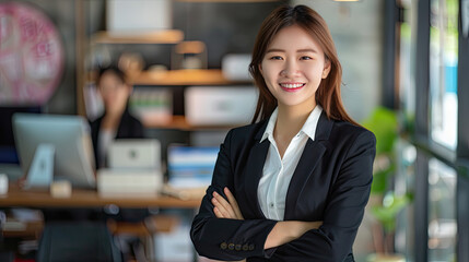 Portrait of smile beautiful business asian woman suit working office desk computer. Small business sme people employee freelance online start up marketing asian designer telemarket successful banner.