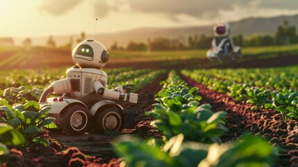 Cute robots tending to a futuristic eco farm  AI generated illustration