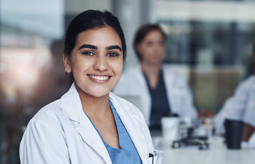 Portrait, smile and female doctor at work, healthcare and medical professional. Happy, hospital and...