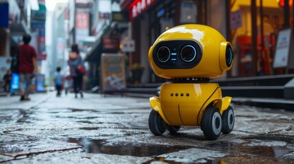 Cute robots wandering the city streets  AI generated illustration
