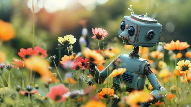 Cute robots tending to a garden of colorful flowers  AI generated illustration