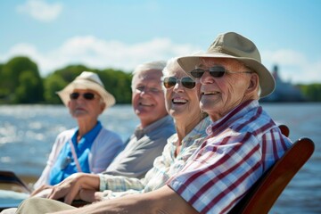 Relaxed American seniors enjoying river cruise on sunny day