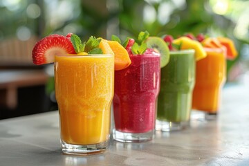 Various types of smoothies like strawberry, banana, and mango with slices of kiwi, oranges, and berries on the side.