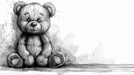 Illustration of a teddy bear depicted in continuous line on white background. Monochrome modern illustration.