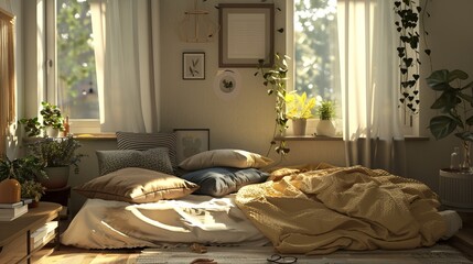 D render of a cozy bedroom filled with plush pillows  AI generated illustration