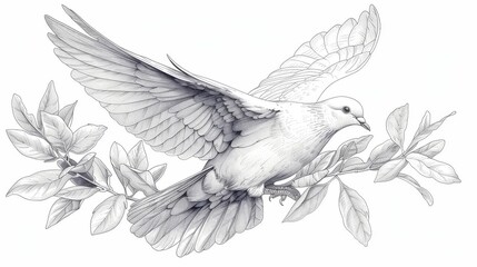 The outline of a dove with olive branch is isolated on a white background. It is a monochrome modern illustration.
