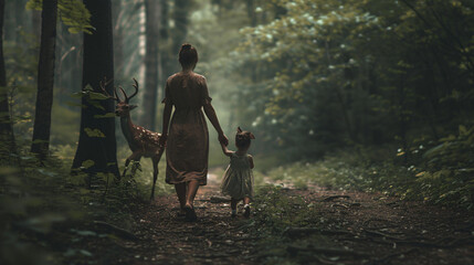 Family of deer are walking in the forest fauns mother