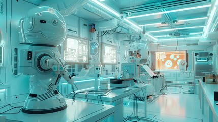 Design a cute 3D render of a futuristic robot laboratory  AI generated illustration
