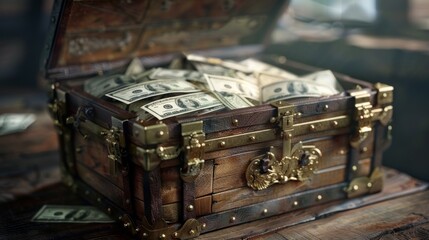 Obraz premium Design a cute 3D rendering of a treasure chest filled with money AI generated illustration