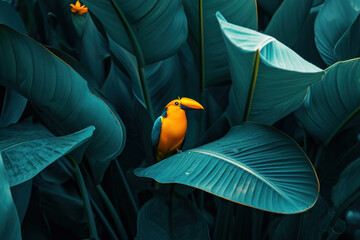 Vibrant orange and yellow bird perched on lush green plant in the heart of the jungle