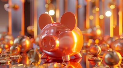 Design a playful 3D rendering of a cute piggy bank surrounded by coins  AI generated illustration