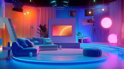 Design a vibrant and abstract 3D representation of a TV show podcast studio  AI generated illustration