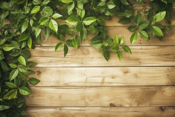 Green Leaves on Brown Wooden Background