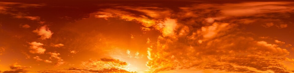 Golden glowing red orange overcast sunset sky 360 hdr panorama. Seamless spherical equirectangular...