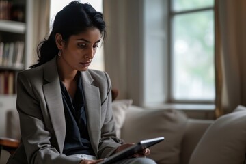 Attractive young british indian sitting office table