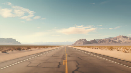 Highway in the desert, mountains on the horizon