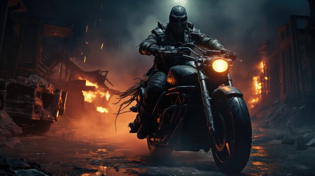 A strong male motorcyclist in a leather suit and mask rides a dirt motorcycle along a deserted dark burning street. Dynamic and active extreme scene.