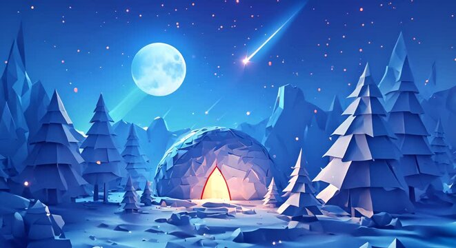Arctic night scene in paper art, featuring an igloo, starry sky, and the mystical northern lights