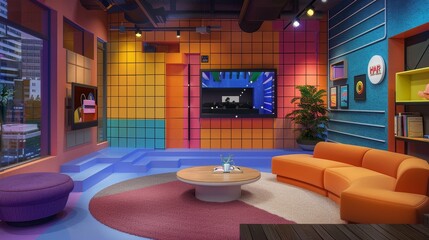 Experiment with incorporating cute elements into a 3D rendering of a TV show podcast studio  AI generated illustration