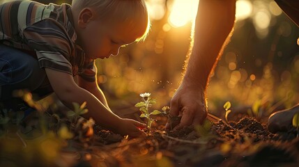 a child with his father plants a sapling
